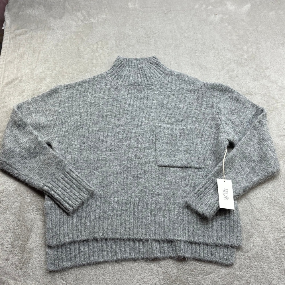 Fifteen Twenty Sweater Women L Gray MockNeck Wool Blend Pocket Quiet Luxury Cozy